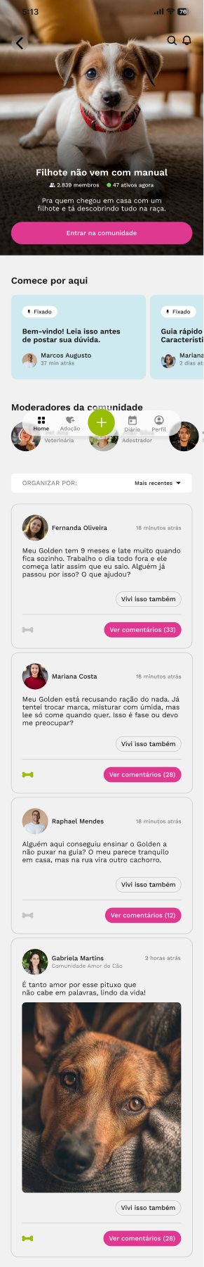Comunidade organizada por assunto no aplicativo