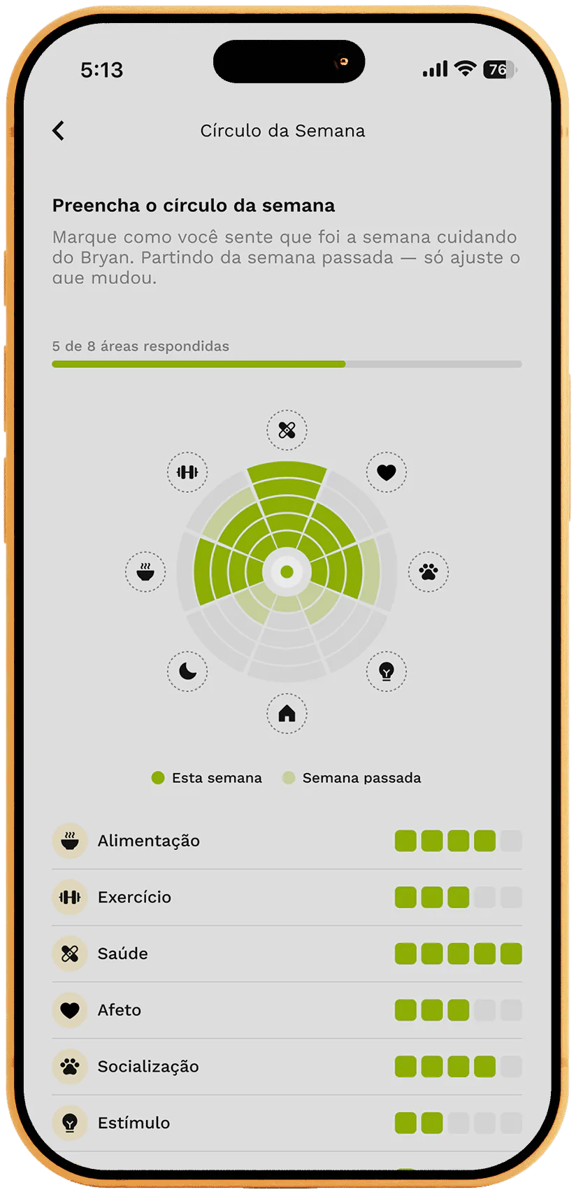 Tela do app mostrando o Círculo da Semana preenchido